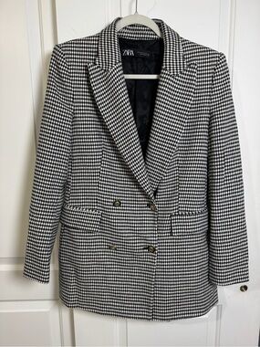 Zara Women’s Houndstooth Double Breasted Blazer Black White Size M Jacke